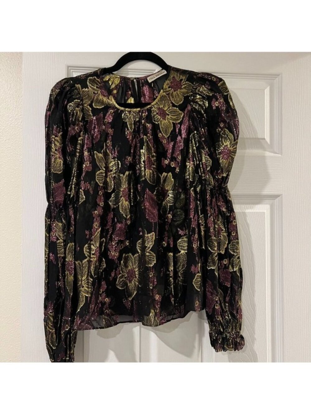 Ulla Johnson Black Metallic Semi Sheer Floral Silk Blouse Size 6